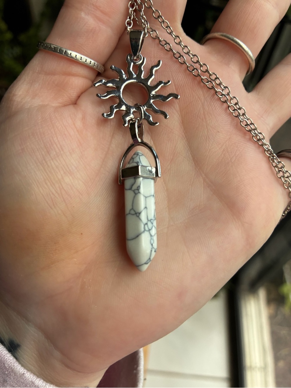 Celestial Sunburst & White Howlite Crystal Point Necklace | Silver Boho Pendant - Picture 6 of 7